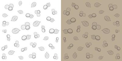 klotter stil full och halv kokos. vektor illustration på vit ljus brun bakgrund.doodle frukt ikoner illustration.