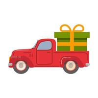 roter lkw des retro-pickups mit grüner geschenkbox. frohes neues jahr postkarte. festliche weihnachtsbanner. flache illustration des vektors. fahrzeugseitenansicht. isoliert auf weißem Hintergrund. vektor