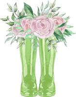 vattenfärg grön wellies med blommor. Hej höst hälsning kort. blommig trädgård sudd stövlar med ro och löv illustration. vektor