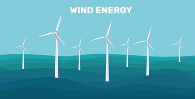 Onshore-Windparks. grüne energie windkraftanlagen auf dem meer, im ozean. Windräder. Vektor-Illustration. saubere Energie. Planeten retten vektor