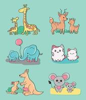 Vektor helle Symbole Aufkleber niedliche Tiere Baby junge Tiere von Afrika Haustiere Mama und Baby Giraffe Känguru Elefant Hirsch Katze Maus