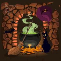 Halloween-Hintergrund ist eine schwarze Katze, ein Besen, ein Bottich mit Trank, Fledermäuse, ein Spinnennetz und ein Hexenhut. grußkarte für eine party und einen verkauf. Herbstferien. Vektor-Illustration.