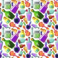Nahtloses Vektormuster von Giftflaschen. eine Reihe farbiger Glasflaschen. Gifte, Tränke, Flüssigkeiten in Behältern. Halloween-Gläser. vektor