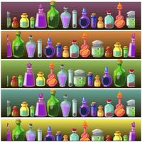 Nahtloses Vektormuster von Giftflaschen. eine Reihe farbiger Glasflaschen. Gifte, Tränke, Flüssigkeiten in Behältern. Halloween-Gläser. vektor