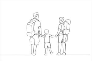 karikatur einer familie mit kindern, die im sommer im freien wandern. Kunststil mit einer durchgehenden Linie vektor
