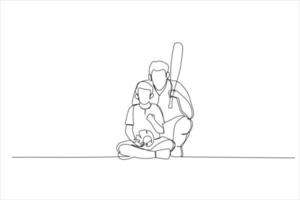 Illustration eines glücklichen Vaters und seines Sohnes, die Baseball spielen. ein Kunststil mit durchgehender Linie vektor
