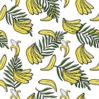 ein nahtloses muster aus bananen und tropischen blättern, handgezeichnete gekritzelelemente im skizzenstil. ganze Bananen und offen. Palmenblätter. Bild von Sommerfrüchten vektor