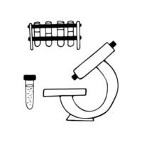 Mikroskop und Reagenzgläser handgezeichnetes Doodle. , skandinavisch, nordisch, minimalistisch, einfarbig. Symbol Medizin Laboranalyse vektor