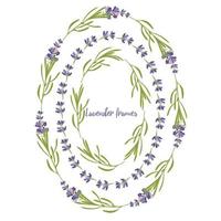 Stellen Sie violette Lavendel schöne Blumenrahmenschablone in der flachen Aquarellart ein, die auf weißem Hintergrund für dekoratives Design, Hochzeitskarte, Einladung, Reiseflayer lokalisiert wird. Botanische Illustration vektor