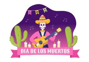 dia de los muertos oder tag der toten vorlage handgezeichnete karikatur flache illustration mexikanisches feiertagsfestival mit tätowierungsschädeln, maracas und sombrero vektor