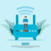 wi-fi-konzeptillustration. WLAN-Bereich, kostenloses WLAN, Person, die WLAN für ihren Laptop nutzt. kann verwendet werden für, Landing Page, Template, UI, Web, Mobile App, Banner vektor