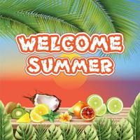 Willkommen Sommerfrüchte Vektor Hintergrunddesign. willkommener sommer genieße jeden moment text mit frischem tropischem scheibenfruchthintergrund. Vektor-Illustration.