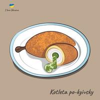 Gericht der nationalen ukrainischen Küche, Kiewer Kotelett, flacher Vektor auf beigem Hintergrund