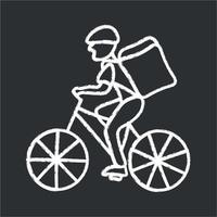 ein mann auf einem fahrrad mit einem großen rucksack ist mit kreide auf schwarzem hintergrund gezeichnet, ein flacher vektor, eine lieferung, eine handgezeichnete skizze eines kuriers vektor