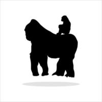 gorilla und kleine gorilla-schattenbildillustrationen auf weißem hintergrund vektor