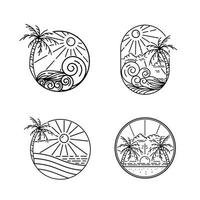 set meereswellen, kokospalmen und sonnenscheinendes monoline-design-strandabzeichen vektor