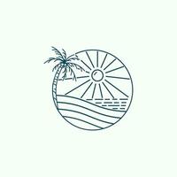 Meereswellen, Kokospalmen und sonnenglänzendes Monoline-Design-Strandabzeichen