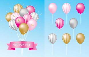 schöne elegante rosa silber- und goldballons schweben grafisches vektorset vektor