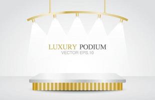 luxus-glänzende gold-display-plattform mit hängendem scheinwerfer 3d-illustrationsvektor zum platzieren ihres objekts