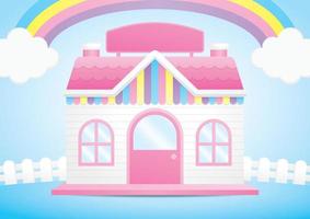 niedlicher kawaii rosa haus 3d-illustrationsvektor mit süßem pastellregenbogen vektor