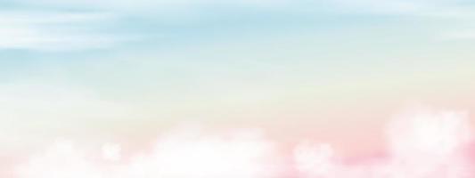 romantischer himmel mit flauschiger wolke in pastellton auf blau, rosa, orange am morgen, fantasie sonnenuntergang dämmerung himmel im frühling, sommer, herbst, winter, vektorillustration süßer hintergrund für urlaubsbanner