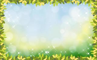 vektorsommernaturhintergrund mit grünen blättern boder, frühlingsrahmenzweige mit abstraktem verschwommenem bokeh-lichteffekt. Tamplate-Banner für Oster- oder Frühlingshintergrund