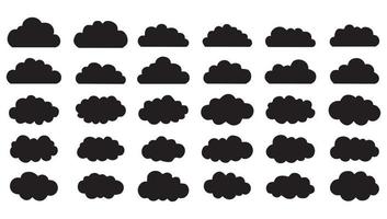 Reihe von Wolkensymbolen. schwarze Wolken isoliert auf weißem Hintergrund. Wolke gesetzt flache Cartoon-Silhouette. abstrakte schwarze wolkige Sammlung. vektor