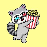 niedlicher waschbär, der popcorn hält und eine 3d-filmbrille trägt, cartoon-vektorsymbolillustration. flaches karikaturkonzept vektor
