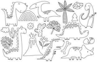 klotter av söt dinosaurier och tropisk växter. rolig tecknad serie dino uppsättning. hand dragen vektor klotter uppsättning för barn