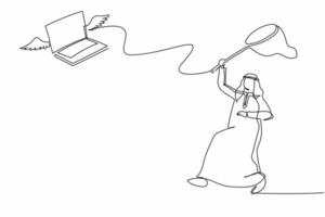 enda ett linje teckning arab affärsman Prova till fångst flygande bärbar dator med fjäril netto. förlust av Viktig företag data. företag liknelse. kontinuerlig linje dra design grafisk vektor illustration