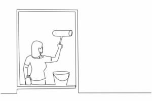 einzelne durchgehende Strichzeichnung junge Frau, die Fenster mit Glasreinigungswerkzeugen putzt. Fensterputzen mit Eimer, Waschmittel, nassem Lappen. tägliche Hausarbeit. eine linie zeichnen grafikdesign-vektorillustration vektor