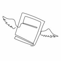 enda kontinuerlig linje teckning flygande bok med vingar. bevingad bok vit kreativ emblem. pedagogisk tecken, bibliotek symbol. branding identitet. dynamisk ett linje dra grafisk design vektor illustration