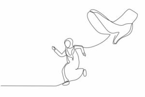 enda ett linje teckning ung arab affärskvinna springa bort från stampar fot. kontor arbetstagare löpning från jätte orättvis företag konkurrens. modern kontinuerlig linje design grafisk vektor illustration