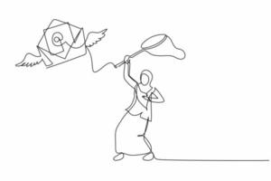 einzelne strichzeichnung arabische geschäftsfrau versucht, fliegende post mit schmetterlingsnetz zu fangen. fehlende Versandumschläge Brief vom Vorstellungsgespräch. ununterbrochene Linie zeichnen grafische Vektorillustration des Designs vektor