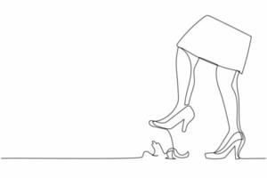 durchgehende einzeilige zeichnung junge geschäftsfrau beinschritt auf bananenschale. unmittelbare Gefahr, Bananenschale unter den Füßen High Heels. minimalistische Metapher. einzeiliges zeichnen design vektorgrafik illustration vektor
