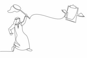 einzelne strichzeichnung arabischer geschäftsmann versuchen, fliegendes klemmbrett mit schmetterlingsnetz zu fangen. unvollständige Checklisten führen zu fehlerhaften Dokumenten. grafische Vektorillustration des durchgehenden Liniendesigns vektor