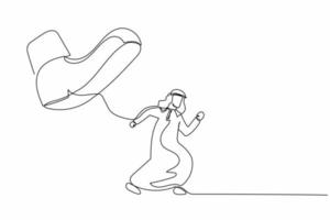 fortlaufende einzeilige zeichnung mutiger arabischer geschäftsmann rennt vor dem stampfenden fuß davon. männlicher mitarbeiter vom chef mit unter großem schuh unterdrückt. minimalistische Metapher. einzeiliges zeichnen design vektorillustration vektor