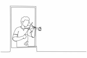 einzelne durchgehende Strichzeichnung professioneller männlicher Musiker, der in der Nähe des Fensters steht und in einem gemütlichen Zimmer zu Hause Geige spielt. menschen, die zu hause in selbstquarantäne bleiben. einzeilige Designvektorillustration vektor