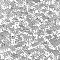 kaklade gammal stad tak kontur topp se sömlös mönster, klotter stil hand dragen gammal hus och torn av stad översikt vektor illustration