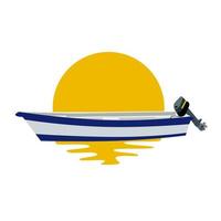 motor båt på gul Sol bakgrund med bländningar i hav vatten koppla av meditation begrepp vektor