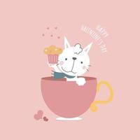 niedliche und schöne handgezeichnete katze, die kleinen kuchen in der tasse mit herz hält, glücklicher valentinstag, geburtstag, liebeskonzept, flaches vektorillustrationskarikaturcharakterdesign lokalisiert vektor