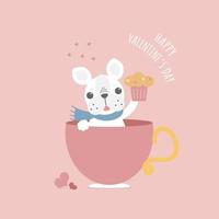 süßer und lieblicher handgezeichneter süßer französischer bulldoggenmops, der tassenkuchen in rosa tasse hält, glücklicher valentinstag, liebeskonzept, flache vektorillustrationskarikaturcharakter-kostümdesign vektor