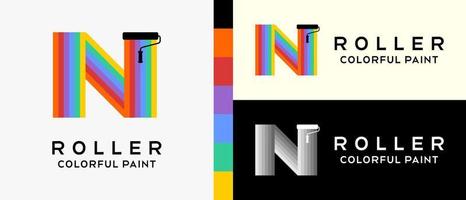 moderne wandfarbe-logo-design-vorlage. walzenbürstensilhouette mit buchstabe n-konzept in regenbogenfarben. Premium-Vektor vektor