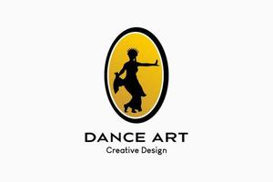 Logo-Design für traditionellen Tanz mit Silhouette von Menschen, die im Oval tanzen. Vektor Prämie