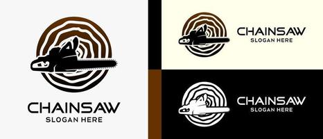 Kettensäge-Logo-Design-Vorlage in Silhouette mit kreativem Konzept isoliert im Holzmotiv. Premium-Vektor-Logo-Illustration vektor