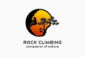 Kletterlogo-Design, Silhouette von Menschen, die Felsen klettern und sich mit der Natur in einem Kreis vermischen vektor