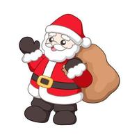 weihnachtsmann winkt und hält einen sack geschenke niedliche karikaturillustration vektor