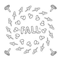 Vektor flache Illustration Banner mit Inschrift fallen mit Herbstpilzen. Doodle-Objekte werden ausgeschnitten