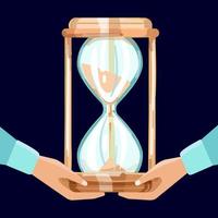 tid förvaltning begrepp. gyllene timglas i mänsklig händer. vektor illustration på mörk blå bakgrund.