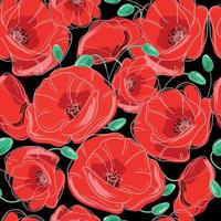 Nahtloses Muster der roten Blumenmohnblume auf einer schwarzen Hintergrundvektorillustration. florale mohnblumen nahtloser hintergrund. kann für textilien, tapeten, drucke und webdesign verwendet werden. trendige botanische textur